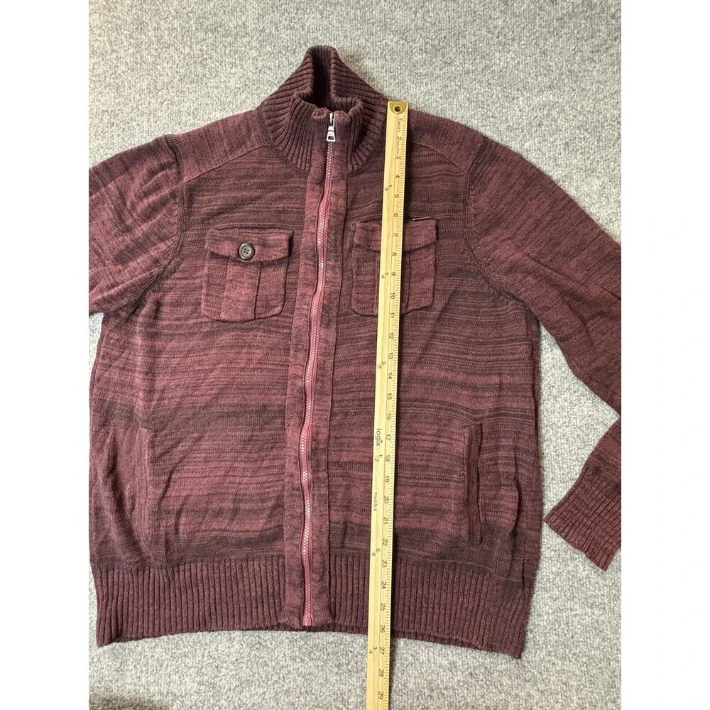 GUESS Sweater Mens L Red Stripe Cotton Full Zip Mock Neck Knit Pockets Logo
